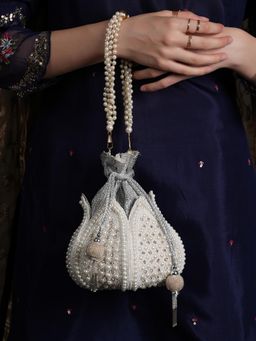 DRASTR - Women White Pearls Party Potli Bag