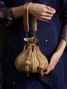 DRASTR - Women Gold Embellished Sequined Party Potli Bag