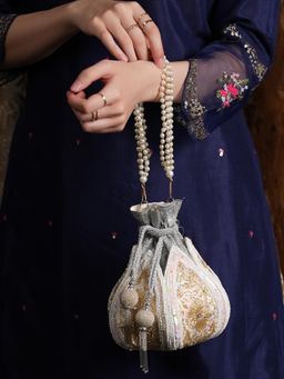 DRASTR - Women White and Gold Embellished Sequined Party Potli Bag