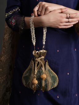 DRASTR - Women Green and Gold Embellished Sequined Party Potli Bag