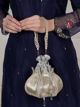 DRASTR - Women Silver Tone Embellished Potli Bag
