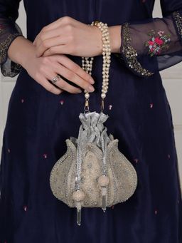 DRASTR - Women Silver Toned Embellished Potli Bag