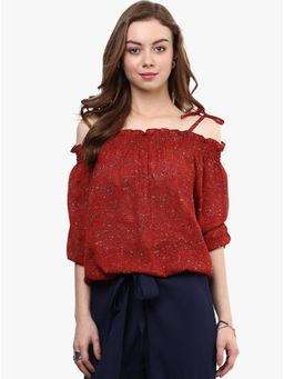 RARE - Rust Red Lightweight Printed Off-shoulder Blouson Top With Smocking