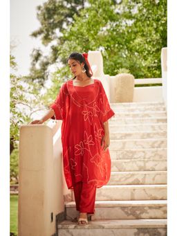 The Clothing Therapy - Tomato Red Bandhani Print Kurta with Bustier and Pant