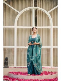 The Clothing Therapy - Sea Blue Pleated Bustier with Palazzo and Jacket