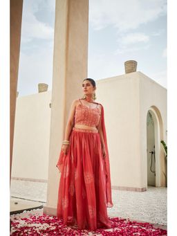 The Clothing Therapy - Cherry Red Blouse with Lehenga and Choker Dupatta