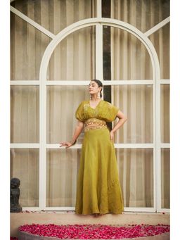 The Clothing Therapy - Lime Green Overlap Top with Bustier and Lehenga