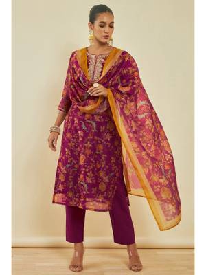 Buy Soch Womens Wine Chanderi Kurta and Pant Dupatta with Floral Print ...