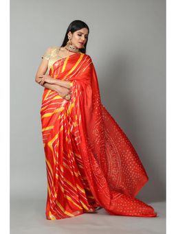 KISHORI - Zari Border and Thread Tassels Crepe Saree with Unstitched Blouse - Orange & Yellow