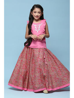 Biba - Girls Pink Cotton Straight Printed Top & Skirt (Set of 2)
