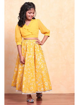 Biba - Girls Yellow Flared Blouse & Lehenga (Set of 2)