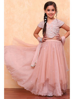 Biba - Girls Peach Chanderi Blouse & Lehenga with Dupatta (Set of 3)