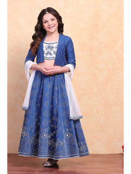 Biba - Girls Blue Blouse & Lehenga with Jacket and Dupatta (Set of 4)