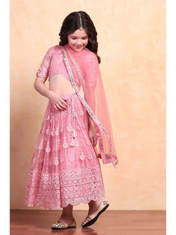 Biba - Girls Rose Pink Net Blouse & Lehenga with Dupatta (Set of 3)