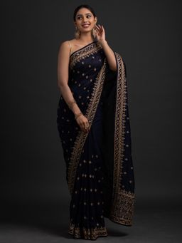 Koskii - Navy Blue Zari Work Raw Silk Designer Saree with Unstitched Blouse