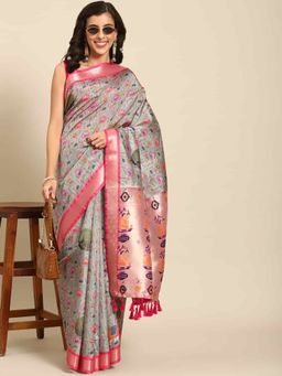 Silk Land - Womens Kalamkari Print Grey Regal Weave Silk Saree with Unstitched Blouse