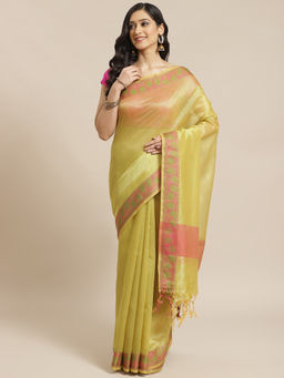 Indethnic - Banarasi Olive Woven Design Work Wear Saree With Unstitched Blouse