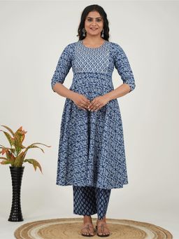 ARAMYA - Navy Blue Soft Cotton Floral Print Anarkali Kurta Pant for Women (Set of 2)