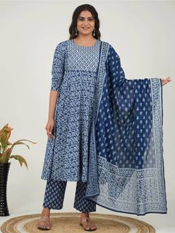ARAMYA - Navy Blue Soft Cotton Floral Anarkali Pant with Dupatta for Women (Set of 3)