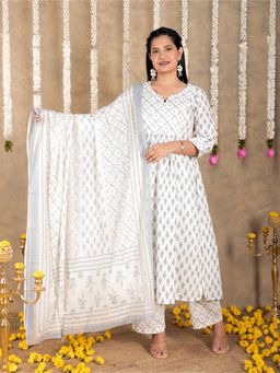 ARAMYA - White Soft Cotton Ikat Print A-line Kurta Pant with Dupatta for Women (Set of 3)