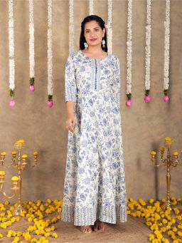 ARAMYA - Off White Soft Cotton Floral Print Anarkali Kurta Pant for Women (Set of 2)