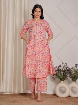ARAMYA - Peach Soft Cotton Geometric Print A-line Kurta Pant for Women (Set of 2)