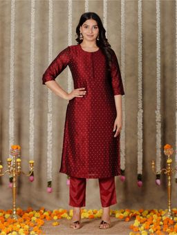 ARAMYA - Maroon Chanderi Floral Print Straight Kurta Pant for Women (Set of 2)