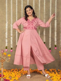 ARAMYA - Pink Natural Cotton Embroidered Print Anarkali Kurta Pant for Women (Set of 2)