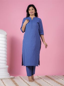 ARAMYA - Blue Kantha Cotton Stripes Print A-line Kurta Pant for Women (Set of 2)