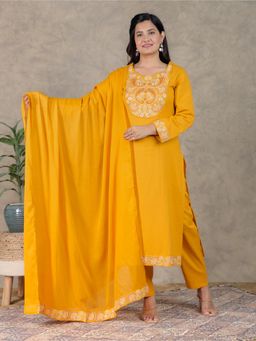 ARAMYA - Yellow Cotton Dobby Embroidered Print Straight Kurta Pant with Dupatta for Women (Set of 3)