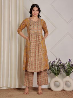 ARAMYA - Mustard Soft Cotton Ajrakh Print Panelled Kurta Pant for Women (Set of 2)
