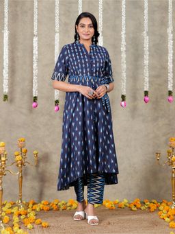 ARAMYA - Navy Blue Linen Cotton Ikat Print High Low Kurta Pant for Women (Set of 2)