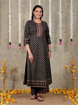 ARAMYA - Black Soft Cotton Butti Print Anarkali Kurta Pant for Women (Set of 2)