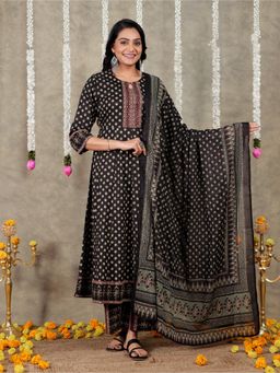 ARAMYA - Black Soft Cotton Butti Print Anarkali Kurta Pant with Dupatta for Women (Set of 3)