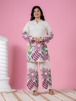 ARAMYA - Cream Soft Cotton Placement Print Co-Ord for Women (Set of 2)