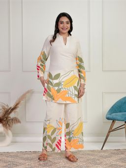 ARAMYA - Off White Linen Cotton Foliage Print Co-Ord for Women (Set of 2)