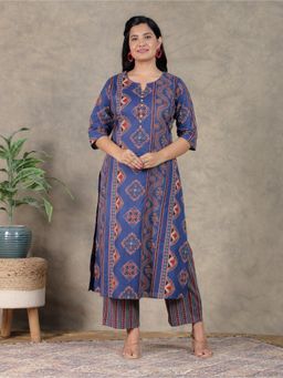 ARAMYA - Blue Soft Cotton Geometric Print A-line Kurta Pant for Women (Set of 2)