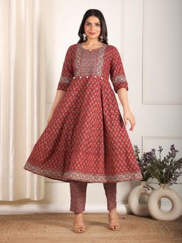 ARAMYA - Red Soft Cotton Ajrakh Print Anarkali Kurta Pant for Women (Set of 2)