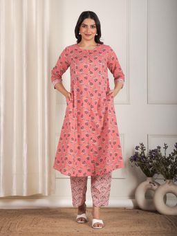 ARAMYA - Peach Soft Cotton Floral Print A-line Kurta Pant for Women (Set of 2)