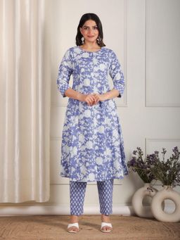 ARAMYA - Purple Soft Cotton Floral Print A-line Kurta Pant for Women (Set of 2)