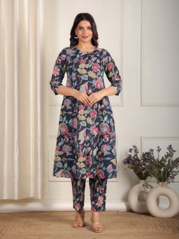 ARAMYA - Blue Kantha Cotton Floral Print A-line Kurta Pant for Women (Set of 2)