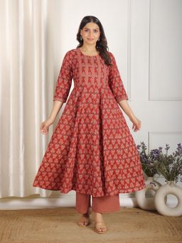 ARAMYA - Red Soft Cotton Ajrakh Print Flared Anarkali Pant for Women (Set of 2)