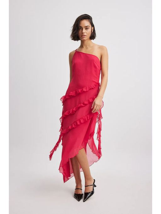 Buy NA-KD Magenta Ruffle Chiffon Midi Dress Online