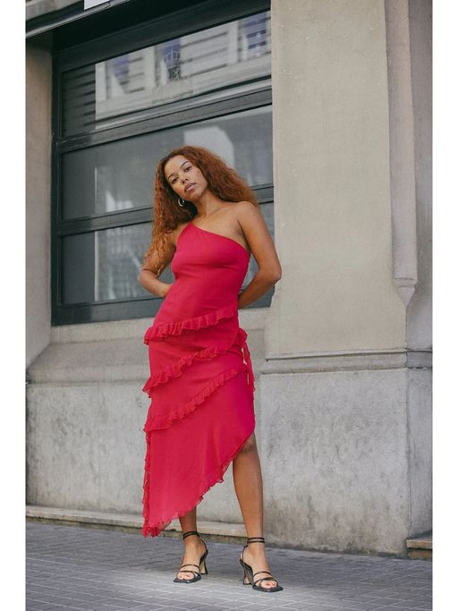 Buy NA-KD Magenta Ruffle Chiffon Midi Dress Online