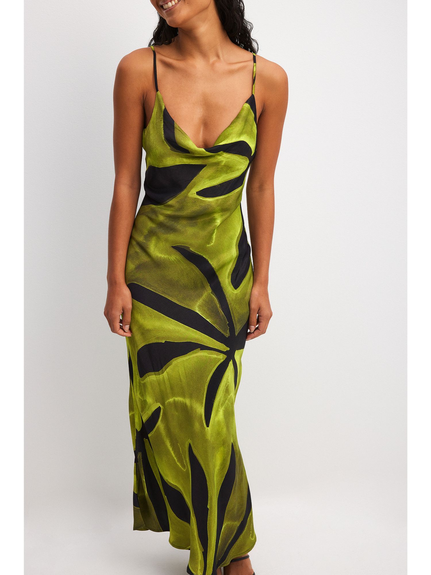 Buy NA-KD Green Print Waterfall Midi Slip Dress Online