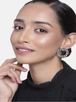 Estele - Oxidized Silver Plated Designer Cuban Chain Circle Stud Earrings for Women