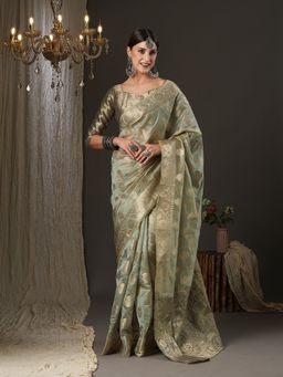 Akhilam - Womens Organza Grey Woven Design Designer Saree with Unstitched Blouse