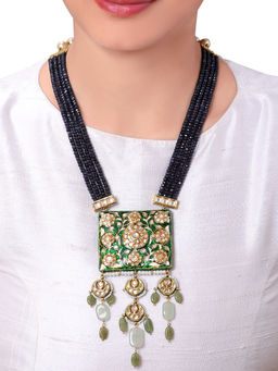 Joules By Radhika - Navy Blue Agate Beads & Jades Traditional Pendant Necklace
