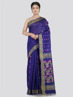 PinkLoom - Women's Cotton Blend Saree with Unstitched Blouse Piece, Blue