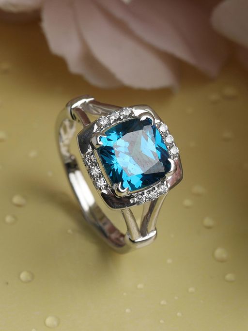 CLARA 925 Silver Rhodium Plated Swiss Zirconia Sky Blue Cushion Adjustable Ring For Women & Girls